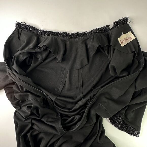 70s Vtg Kay Windsor Black Maxi Dress High Neck Sparkle Trim Goth Witchy Sz S/M? - Picture 14 of 16